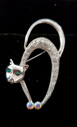 Vintage Estate Jewelry Rhinestone Halloween Cat Pin Arched Back Green Eyes