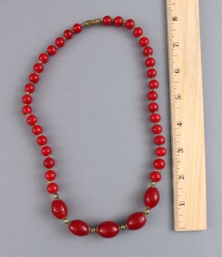 21in Long Vintage Mid 20thc 39 Red Art Glass Beads Necklace