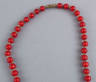 21in Long Vintage Mid 20thC 39 Red Art Glass Beads Necklace 2