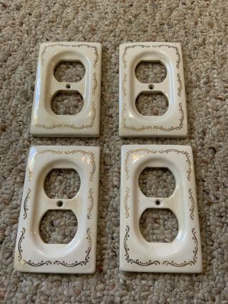 Vtg Porcelain Outlet Switch Plate Outlet Covers Ceramic White Gold Set Of 4