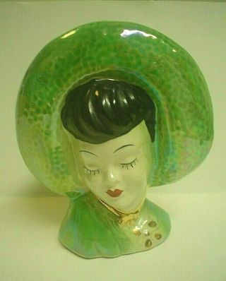 Vintage Lady Head Vase/ Wall Pocket Green Luster 7 1/4 " Tall
