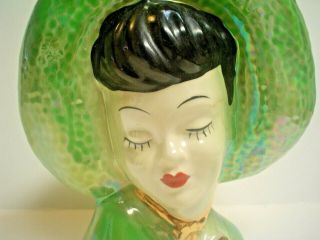 Vintage Lady Head Vase/ Wall Pocket Green Luster 7 1/4 