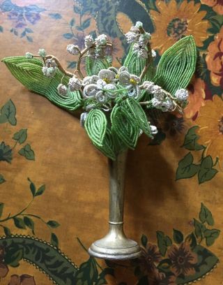 Bouquet Of Vintage Hand Beaded Flowers In Metal Vase