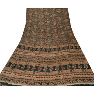 Sanskriti Vintage Black Saree 100 Pure Crepe Silk Printed Fabric Sari Craft 3