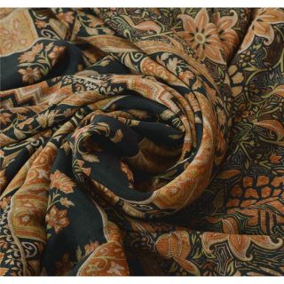 Sanskriti Vintage Black Saree 100 Pure Crepe Silk Printed Fabric Sari Craft 4