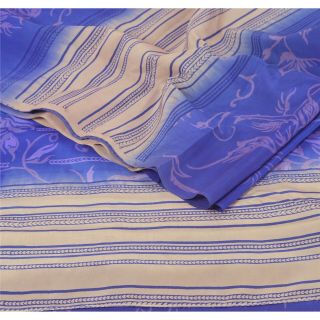 Sanskriti Vintage Blue Saree 100 Pure Crepe Silk Printed Fabric Sari Craft 2