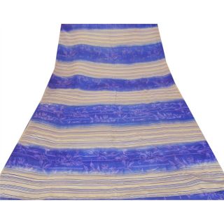 Sanskriti Vintage Blue Saree 100 Pure Crepe Silk Printed Fabric Sari Craft 3