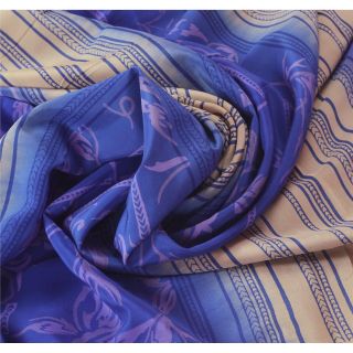 Sanskriti Vintage Blue Saree 100 Pure Crepe Silk Printed Fabric Sari Craft 4