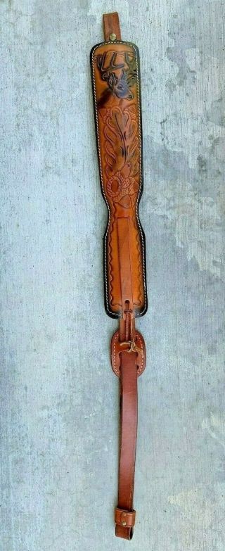Vintage Hunter Padded Embossed Tooled Leather Rifle Sling Deer And Acorns Design