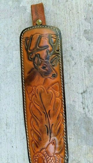 Vintage HUNTER Padded Embossed Tooled Leather Rifle Sling Deer And Acorns Design 3