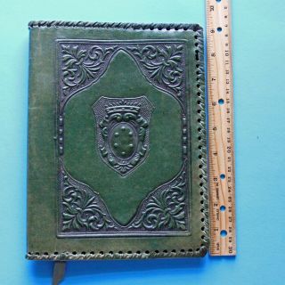 Tooled Leather Book Cover Vintage Green 7x9 Inches