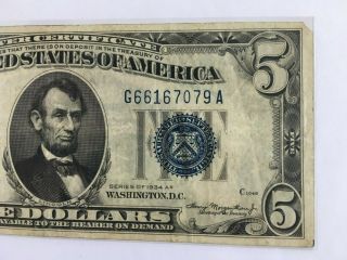 SERIES 1934 - A $5 FIVE DOLLAR Bill BLUE SEAL SILVER CERTIFICATE Vintage NOTE 2