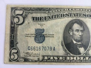 SERIES 1934 - A $5 FIVE DOLLAR Bill BLUE SEAL SILVER CERTIFICATE Vintage NOTE 3