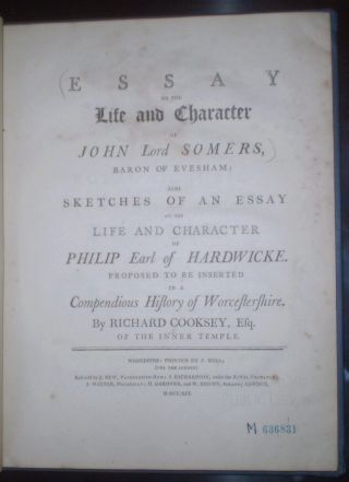 ESSAY ON THE LIFE AND CHARACTER OF JOHN LORD SOMERS,  1791,  1800,  RICHARD COOKSEY 2
