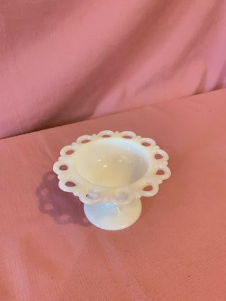 Vintage White Milk Glass Lace Edge Pedestal Footed Candy Dish Compote Bowl.  K 2