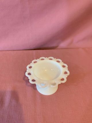 Vintage White Milk Glass Lace Edge Pedestal Footed Candy Dish Compote Bowl.  K 3