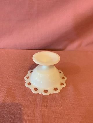 Vintage White Milk Glass Lace Edge Pedestal Footed Candy Dish Compote Bowl.  K 4