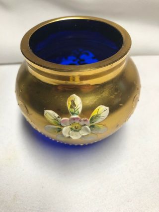 Vintage Bohemian Czech Glass Cobalt Blue Gold Enamel Vase 3 Inches.