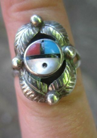 Vintage Zuni Native Southwest Sterling Silver Turquoise Coral Inlay Ring Size