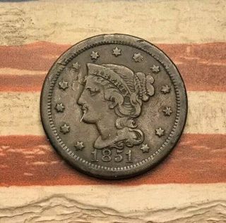 1851 1c Braided Hair Large Cent Vintage Us Copper Coin Fh14