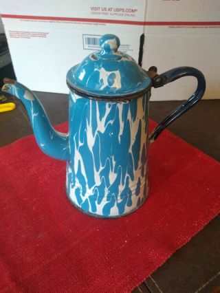 Vintage Blue & White Swirl Enamelware Coffee Pot Graniteware Kettle