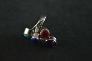 Vintage Sterling Silver Dome Ring W Purple Blue Turquoise & Red Stones - 7g