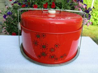 Vintage Tin Cake Carrier Saver Red Retro Star Dot Design Mid Century 1950’s