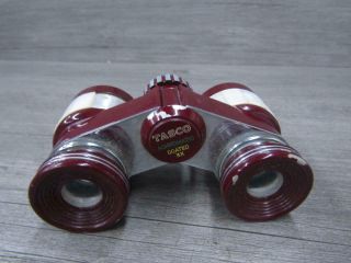 Vintage Maroon & White Compact Tasco Achromatic Coated 3x Mini Binoculars 3