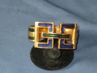 Vintage Gold - Tone Metal Blue & Green Enamel Clamper Bangle Bracelet