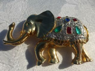Wonderful Vintage Colorful And Clear Rhinestone Large Elephant Brooch Detailed