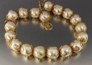 Vintage Chunky Gold Tone & White Faux Pearl Bead Necklace Anne Klein