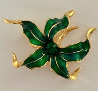 Vintage Gold Tone Enamel Rhinestone Orchid Lily Flower Brooch Pin Jewelry