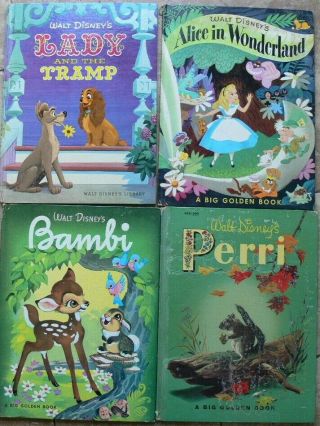 4 Vintage Walt Disney Books Lady And The Tramp,  Alice In Wonderland,  Bambi,