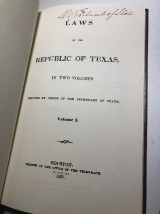 Laws of the Republic of Texas Houston 1837 Limited Edition NUMBERED Texana 3