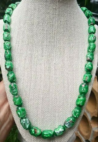 Vintage Art Deco Venetian Shimmer Green Foil Lava Glass Beads Czech Necklace