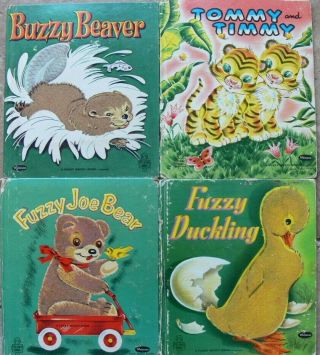 4 Vintage Whitman Fuzzy Wuzzy Books Fuzzy Joe Bear,  Buzzy Beaver,  Fuzzy Duckling