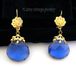 Vintage 1970s Art Deco Style Gold Floral Blue Glass Crystal Wire Dangle Earrings