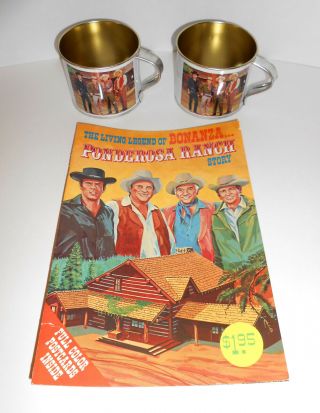 Vintage Bonanza Ponderosa Ranch Story Souvenir Book Postcards & 2 Tin Metal Cups