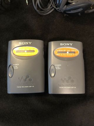 Pair Vintage Sony AM/FM Walkman Radios & Headphones SRF - 59 2