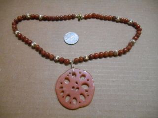 Vintage Carnelian Bead Necklace With Carved Pendant