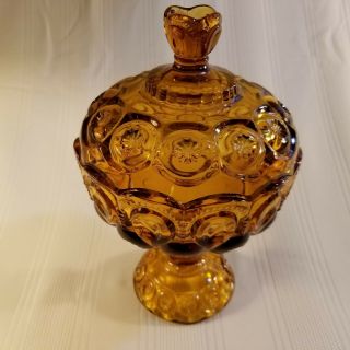 G) Vintage L E Smith Glass Amber Moon & Stars Anniversary Jar Candy Compote Dish 2