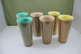 Vintage Set Of 6 Raffia Ware Insulated Drink Tumblers,  Tan,  Yellow & Green.