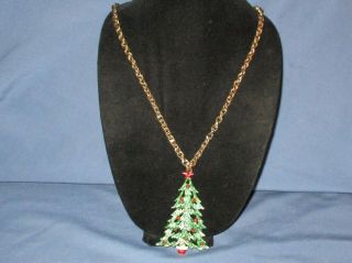 Vintage Signed Beatrix Gold - Tone Metal Enamel Christmas Tree Pendant Necklace