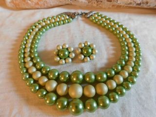 Vintage 3 Strand Beaded Bib Necklace And Cluster Earrings Set Shades Of Green