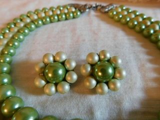 Vintage 3 Strand Beaded Bib Necklace and Cluster Earrings Set Shades of Green 2