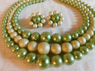 Vintage 3 Strand Beaded Bib Necklace and Cluster Earrings Set Shades of Green 3