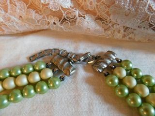 Vintage 3 Strand Beaded Bib Necklace and Cluster Earrings Set Shades of Green 4