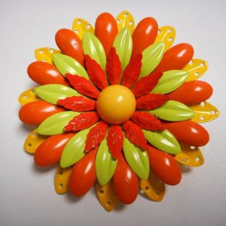 Wow Vintage Enamel Flower Pin / Brooch Yellow,  Orange And Green Fantastic