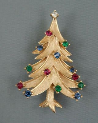 Vintage Signed Crown Trifari Multi Color Rhinestone Christmas Tree Brooch Pin