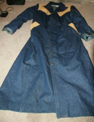 Vintage Cowgirl Duster Coat Womens Western Diamond Denim And Leather Sz M Usa
